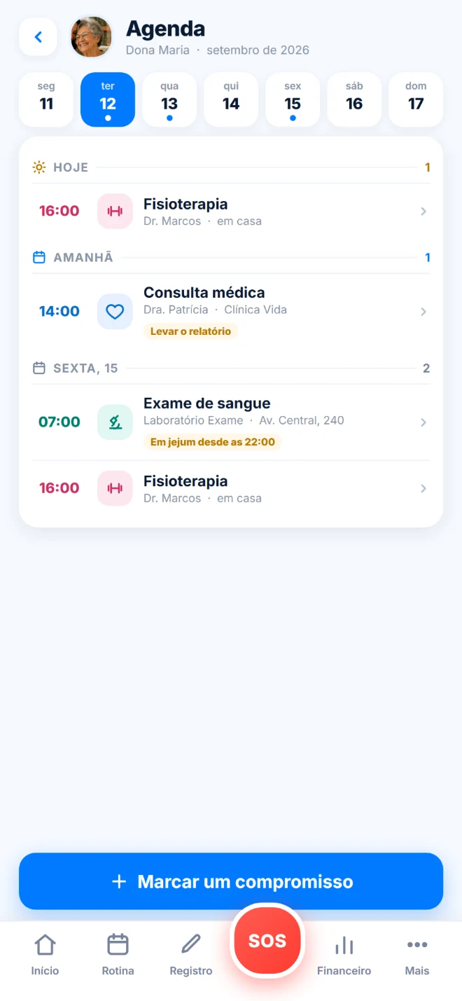 Tela Agenda: fisioterapia hoje às 16h, consulta médica amanhã às 14h com o lembrete de levar o relatório e exame de sangue na sexta em jejum.