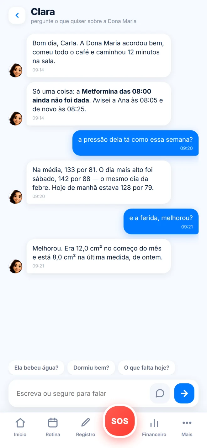 Tela da Clara: conversa em que a assistente conta como Dona Maria acordou e responde sobre a pressão da semana.